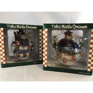 2 Fabric Mache Christmas Ornaments w/ Original Boxes